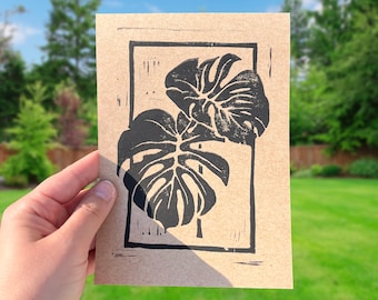 7" x 5" | Monstera Linocut Print on Straw Hemp 80C Paper