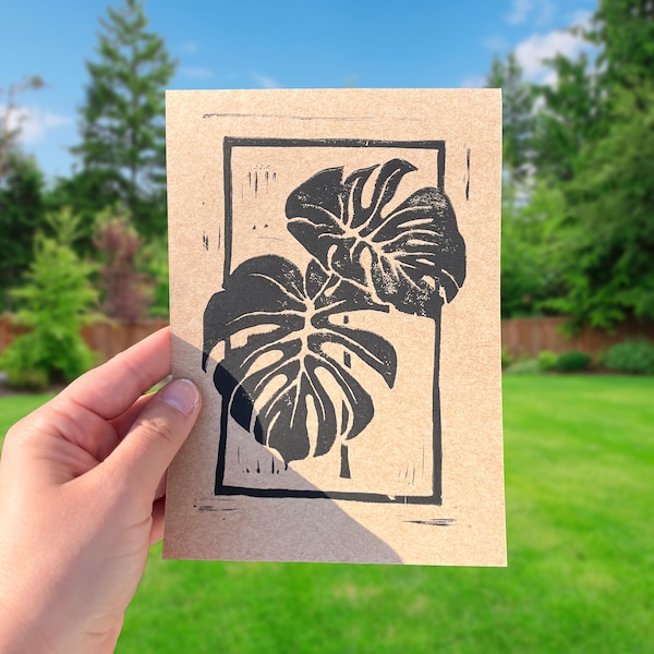Impression linogravure Monstera sur papier paille chanvre 80C (5 x 7 po.)