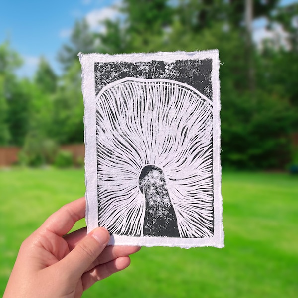 Impression linogravure faite main de lamelles de champignon (5 po. x 7 po.)