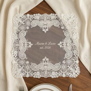 Personalized Lace Wedding Handkerchief •Custom Embroidered Names & Date •40x40cm Square Tulle Keepsake •Anniversary Gift •Bridal Shower Gift
