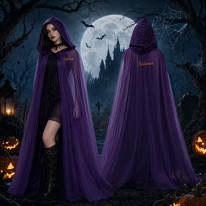 Personalized Witch Hooded Cape – Embroidered Tulle Halloween Cloak, Gothic Cosplay Costume