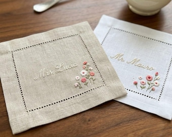 Serviette de cocktail personnalisée en lin, sous-verre brodé avec monogramme, décoration de table de mariage