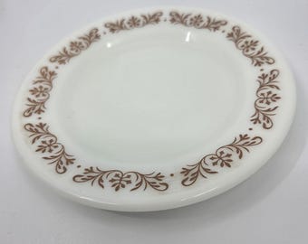 Vintage Pyrex Tableware Corning Milk Glass Plate Brown Scroll Floral 5.5" USA