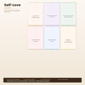 Peut inclure: Un ensemble de six cartes rectangulaires aux couleurs pastel présentant des citations françaises sur l'amour de soi. Les cartes sont disposées en deux rangées de trois, affichant des phrases comme 'je mérite l'amour' dans une police serif.