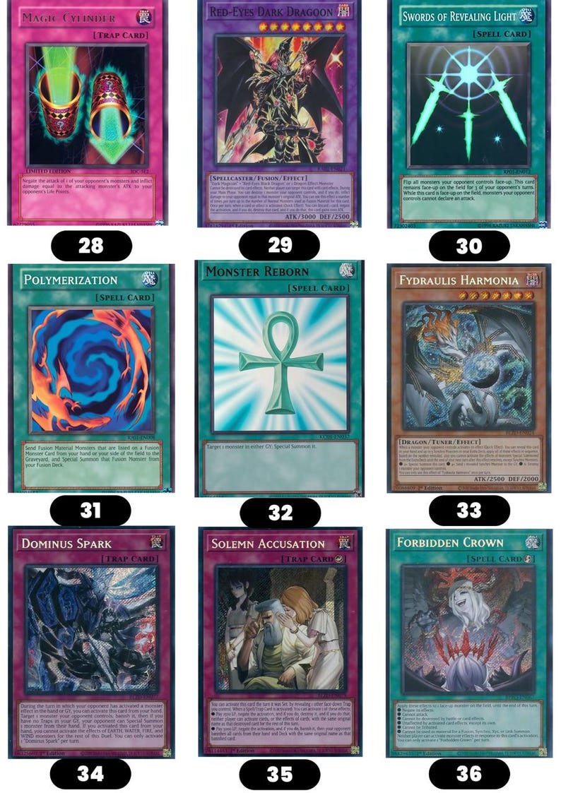 Pode incluir: Uma cole&ccedil;&atilde;o de nove cartas colecion&aacute;veis Yu-Gi-Oh! dispostas em uma grade tr&ecirc;s por tr&ecirc;s, incluindo Magic Cylinder, Red-Eyes Dark Dragoon, Swords of Revealing Light, Polymerization, Monster Reborn, Fydraulis Harmonia, Dominus Spark, Solemn Accusation e Forbidden Crown.