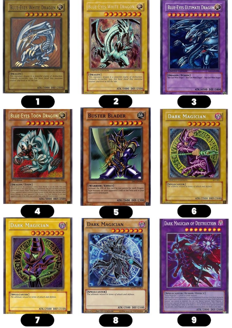 Pode incluir: Uma cole&ccedil;&atilde;o de nove cartas colecion&aacute;veis Yu-Gi-Oh! dispostas em uma grade, apresentando v&aacute;rios personagens, incluindo Blue-Eyes White Dragon, Blue-Eyes Ultimate Dragon, Blue-Eyes Toon Dragon, Buster Blader, Dark Magician e Dark Magician of Destruction.