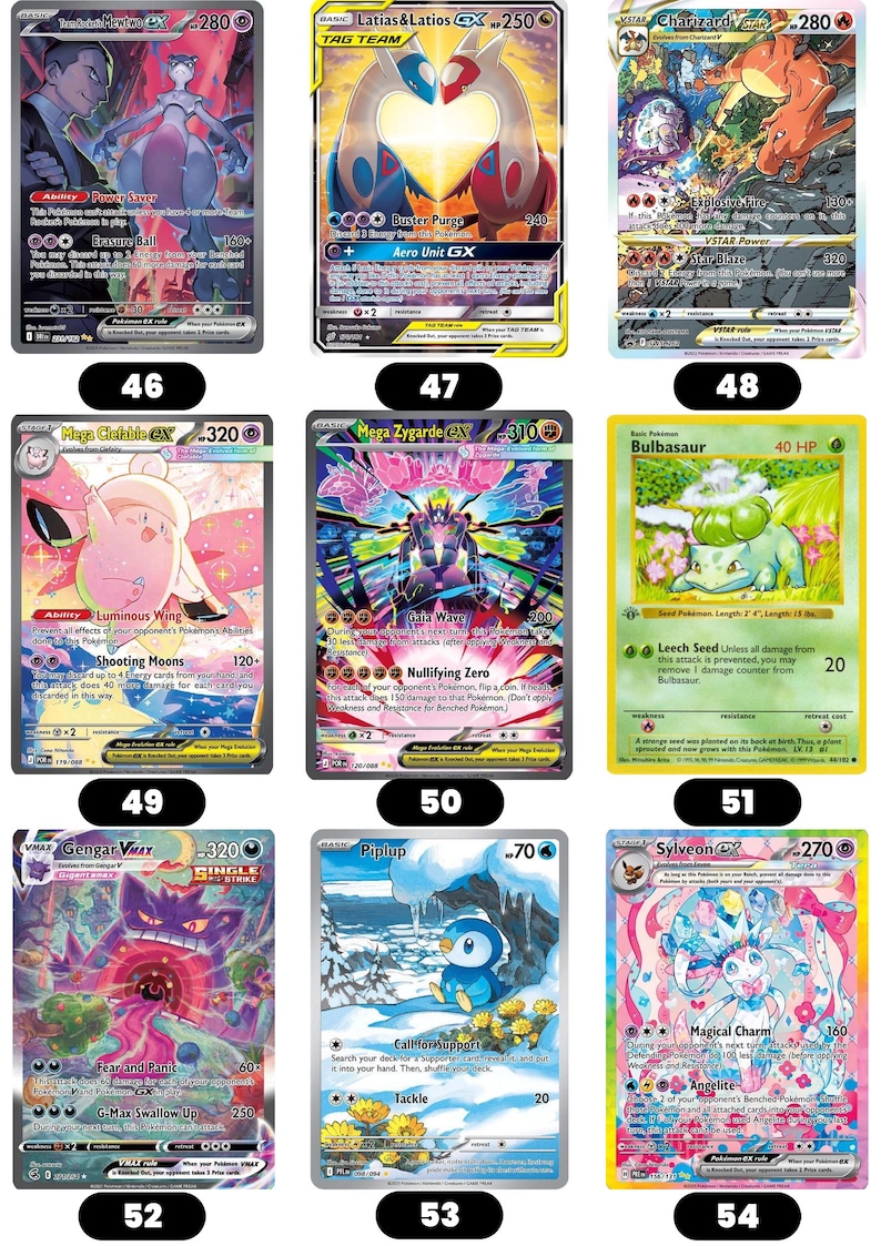 Puede incluir: Se muestran nueve cartas coleccionables de Pok&eacute;mon, cada una con un dise&ntilde;o y personaje &uacute;nicos. Las cartas presentan ilustraciones coloridas y texto con detalles sobre ataques y habilidades. Las cartas est&aacute;n numeradas del 46 al 54.
