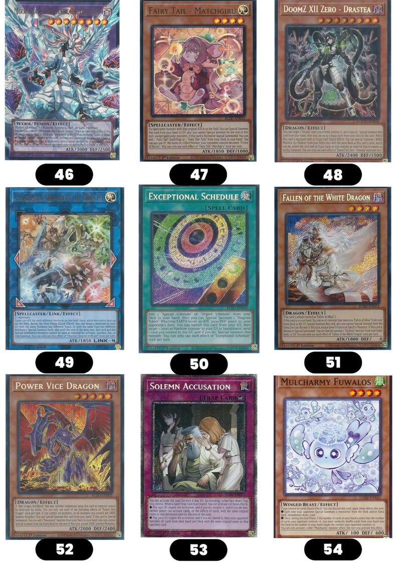 Pode incluir: Uma cole&ccedil;&atilde;o de nove cartas colecion&aacute;veis Yu-Gi-Oh! dispostas em uma grade, apresentando v&aacute;rios personagens de fantasia, drag&otilde;es e efeitos de feiti&ccedil;os com texto detalhado, bordas distintas e identificadores num&eacute;ricos de 46 a 54.