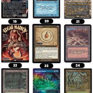 K&ouml;nnte beinhalten: Eine Sammlung von neun Magic: The Gathering Sammelkarten, die in einem Raster angeordnet sind und verschiedene Charakterillustrationen, textreiche F&auml;higkeitsbeschreibungen, Manasymbole und einzigartige Kartenr&auml;nder zeigen.