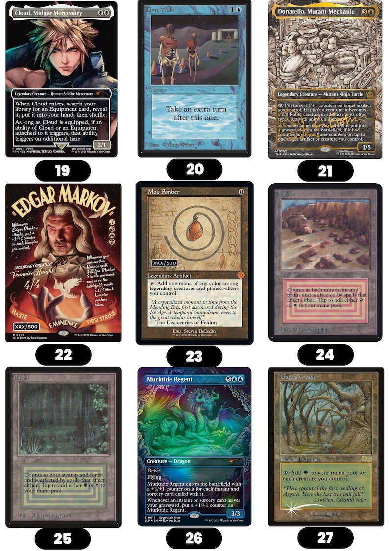 K&ouml;nnte beinhalten: Eine Sammlung von neun Magic: The Gathering Sammelkarten, die in einem Raster angeordnet sind und verschiedene Charakterillustrationen, textreiche F&auml;higkeitsbeschreibungen, Manasymbole und einzigartige Kartenr&auml;nder zeigen.