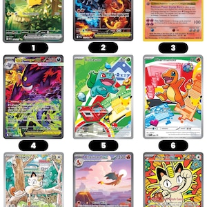 Puede incluir: Nueve cartas coleccionables de Pok&eacute;mon con personajes como Pikachu, Charizard y Meowth. Las cartas muestran ilustraciones coloridas y texto, con diferentes valores de HP y ataque. Las cartas son de la franquicia Pok&eacute;mon.