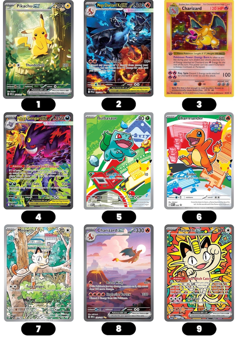 Puede incluir: Nueve cartas coleccionables de Pok&eacute;mon con personajes como Pikachu, Charizard y Meowth. Las cartas muestran ilustraciones coloridas y texto, con diferentes valores de HP y ataque. Las cartas son de la franquicia Pok&eacute;mon.