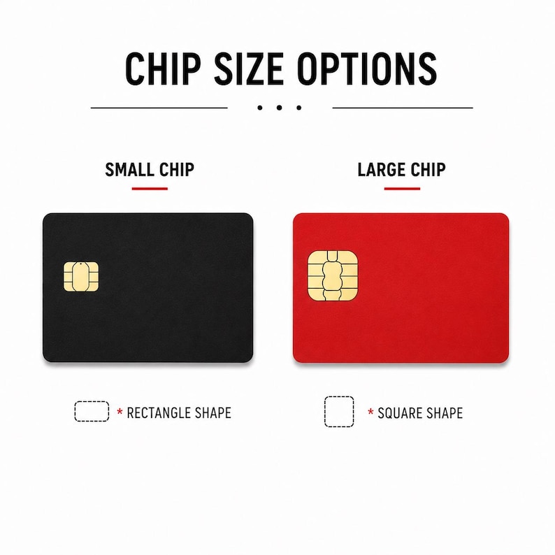 Puede incluir: Imagen que muestra las opciones de tama&ntilde;o de chip. Se muestra un rect&aacute;ngulo negro etiquetado como "Chip peque&ntilde;o" y un rect&aacute;ngulo rojo etiquetado como "Chip grande". Ambos tienen un chip dorado. Debajo, una forma de rect&aacute;ngulo punteado est&aacute; etiquetada como "Forma de rect&aacute;ngulo".