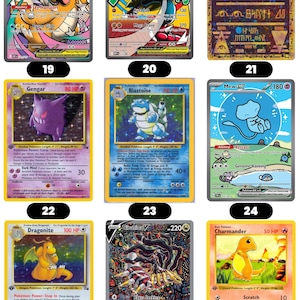Puede incluir: Una colecci&oacute;n de nueve cartas coleccionables de Pok&eacute;mon. Las cartas presentan varios personajes Pok&eacute;mon, incluyendo Dragonite, Gengar y Charmander. Las cartas tienen diferentes niveles de HP y poderes de ataque, con colores vibrantes e ilustraciones detalladas.