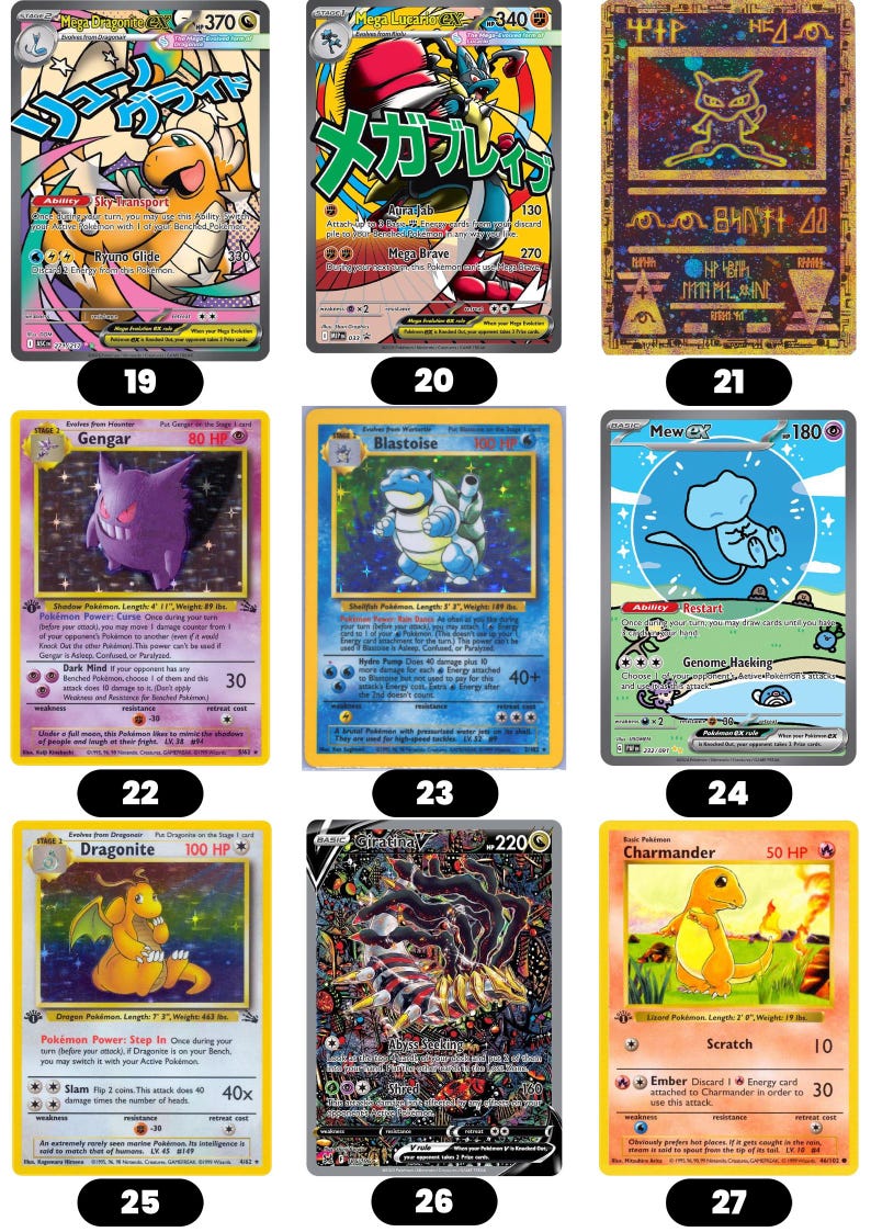 Puede incluir: Una colecci&oacute;n de nueve cartas coleccionables de Pok&eacute;mon. Las cartas presentan varios personajes Pok&eacute;mon, incluyendo Dragonite, Gengar y Charmander. Las cartas tienen diferentes niveles de HP y poderes de ataque, con colores vibrantes e ilustraciones detalladas.
