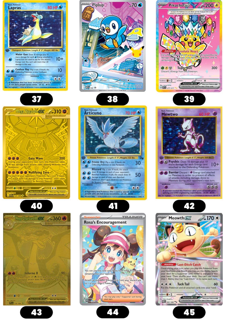 Puede incluir: Nueve cartas coleccionables de Pok&eacute;mon con varios personajes. Las cartas incluyen Lapras, Piplup, Pikachu EX, Mega Zygarde EX, Articuno, Mewtwo, Mega Charizard X EX, Rosa's Encouragement y Meowth GX. Cada carta tiene un dise&ntilde;o y esquema de color &uacute;nicos.