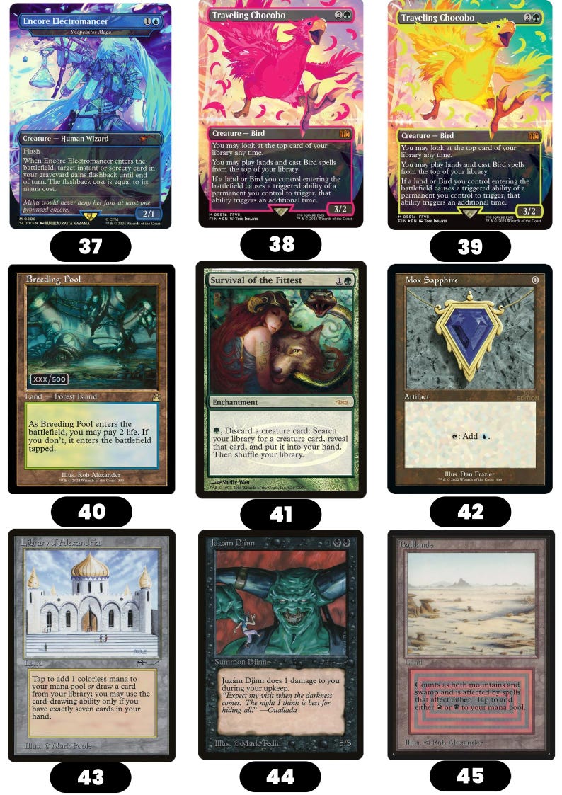 K&ouml;nnte beinhalten: Eine Sammlung von neun Magic: The Gathering-Sammelkarten in einem Raster, mit verschiedenen Illustrationen, darunter ein blauhaariger Zauberer, rosa und gelbe Chocobos, Landschaften, ein blauer Edelstein, ein wei&szlig;er Palast und ein gr&uuml;nh&auml;utiger Dschinn.