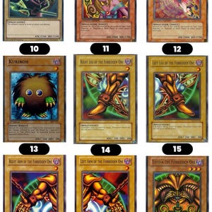 Pode incluir: Uma cole&ccedil;&atilde;o de nove cartas colecion&aacute;veis Yu-Gi-Oh! dispostas em uma grade, apresentando personagens como Dark Magician, Dark Magician Girl, Kuriboh e as cinco pe&ccedil;as de Exodia, cada uma com ilustra&ccedil;&otilde;es, texto e estat&iacute;sticas de combate.