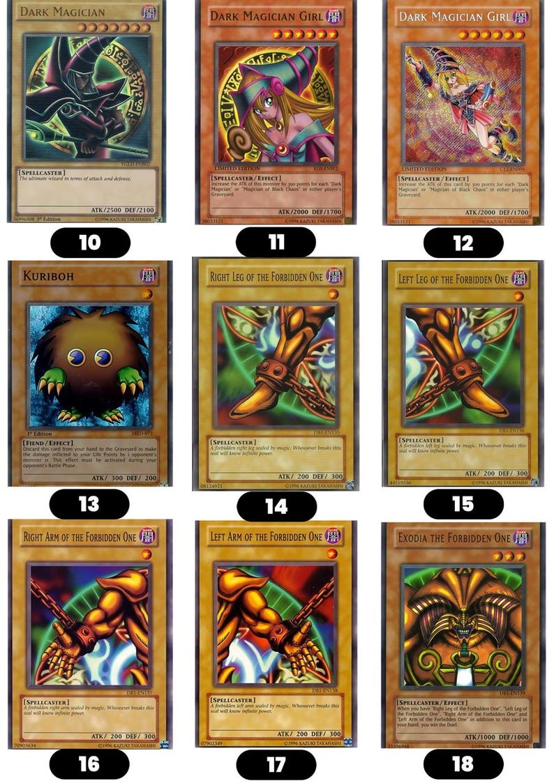 Pode incluir: Uma cole&ccedil;&atilde;o de nove cartas colecion&aacute;veis Yu-Gi-Oh! dispostas em uma grade, apresentando personagens como Dark Magician, Dark Magician Girl, Kuriboh e as cinco pe&ccedil;as de Exodia, cada uma com ilustra&ccedil;&otilde;es, texto e estat&iacute;sticas de combate.
