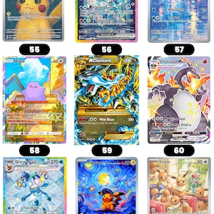 Puede incluir: Colecci&oacute;n de cartas coleccionables de Pok&eacute;mon con personajes como Pikachu y Charizard. Las cartas muestran ilustraciones coloridas y detalles. Cada carta tiene un dise&ntilde;o &uacute;nico, con diferentes habilidades y estad&iacute;sticas. Las cartas est&aacute;n numeradas.