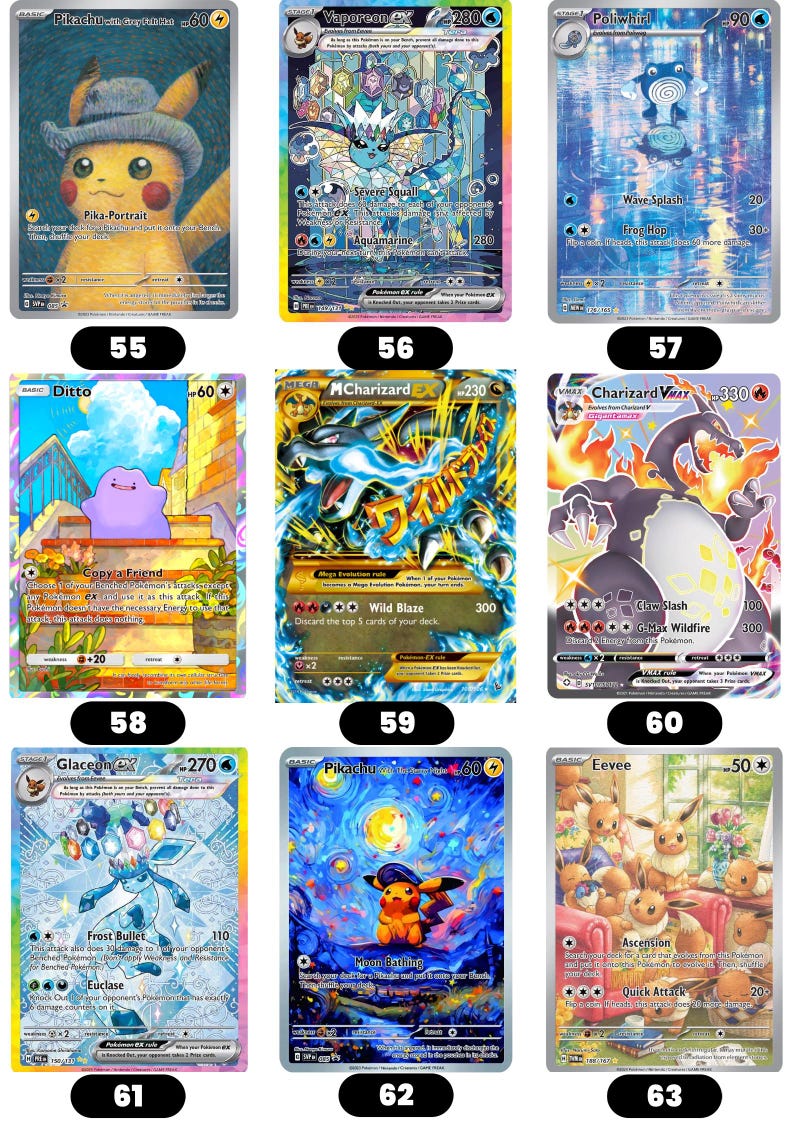 Puede incluir: Colecci&oacute;n de cartas coleccionables de Pok&eacute;mon con personajes como Pikachu y Charizard. Las cartas muestran ilustraciones coloridas y detalles. Cada carta tiene un dise&ntilde;o &uacute;nico, con diferentes habilidades y estad&iacute;sticas. Las cartas est&aacute;n numeradas.