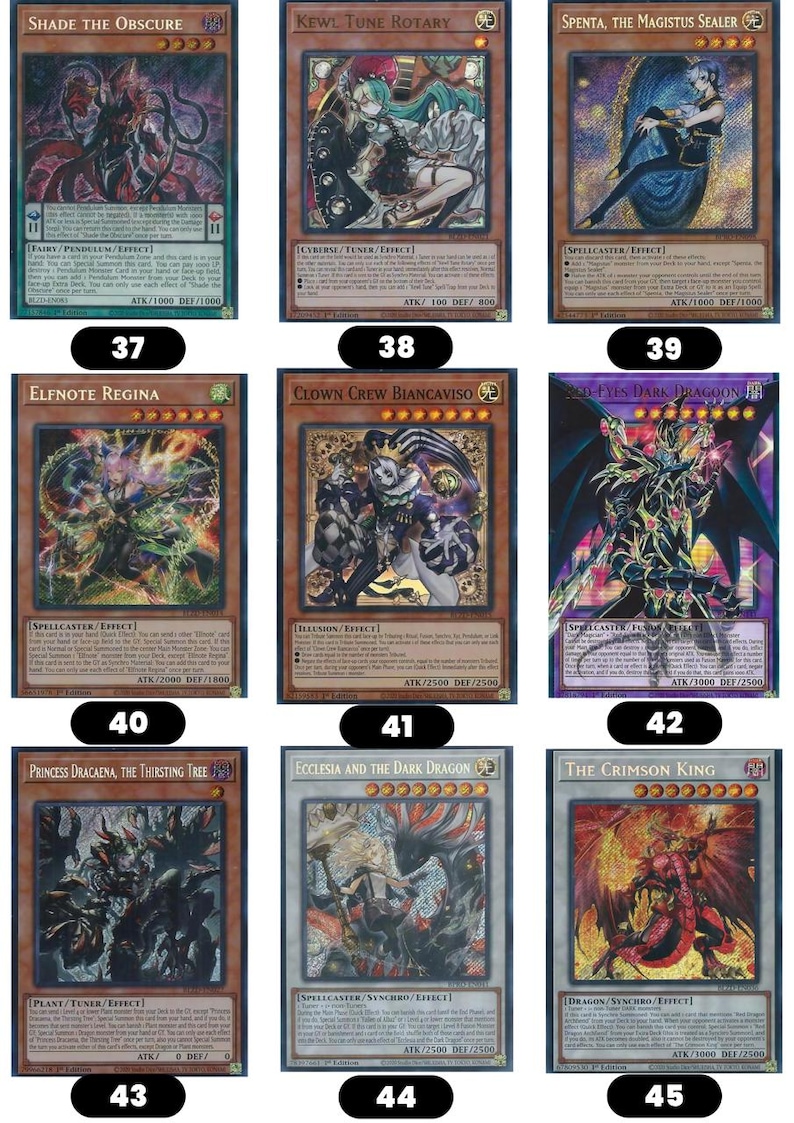 Pode incluir: Uma cole&ccedil;&atilde;o de nove cartas colecion&aacute;veis Yu-Gi-Oh! dispostas em uma grade, apresentando v&aacute;rias ilustra&ccedil;&otilde;es de personagens de fantasia, descri&ccedil;&otilde;es de texto e estat&iacute;sticas de jogo, incluindo valores de ATK e DEF.
