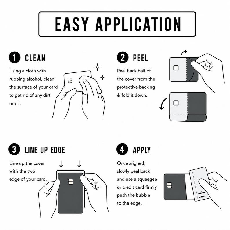 Puede incluir: Una gu&iacute;a paso a paso en blanco y negro titulada "EASY APPLICATION". Muestra c&oacute;mo aplicar una funda a una tarjeta, incluyendo limpieza, pelado, alineaci&oacute;n del borde y aplicaci&oacute;n. Las ilustraciones y el texto explican cada paso.