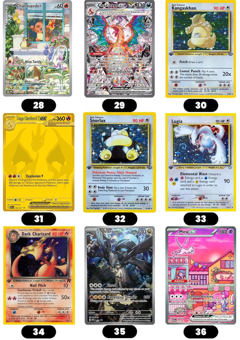 Puede incluir: Colecci&oacute;n de cartas coleccionables de Pok&eacute;mon con varios personajes. Incluye cartas de Charizard ex, Mew ex y Charmander. Cada carta tiene ilustraciones e informaci&oacute;n de juego &uacute;nicas.