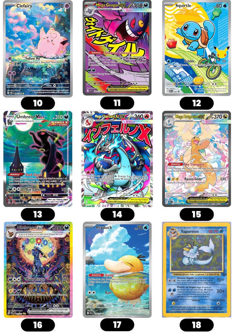 Puede incluir: Nueve cartas coleccionables de Pok&eacute;mon con personajes como Clefairy, Mega Gengar y Squirtle. Cada carta presenta ilustraciones &uacute;nicas, nombres de personajes y valores num&eacute;ricos. Las cartas son coloridas y tienen fondos variados.