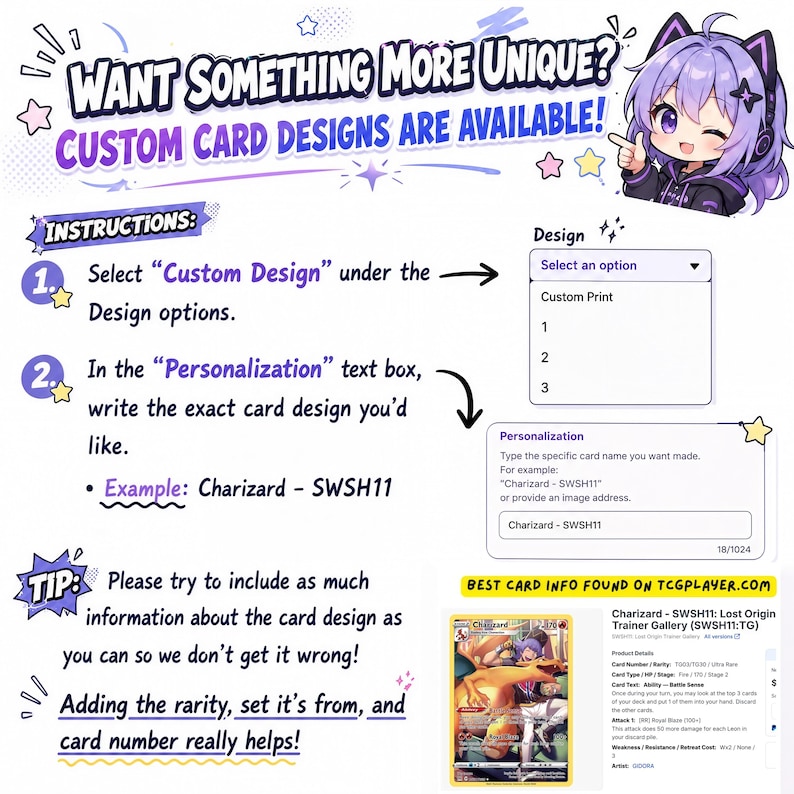Puede incluir: Imagen que promociona dise&ntilde;os de cartas personalizados. Las instrucciones detallan la selecci&oacute;n de "Custom Design" y la provisi&oacute;n de detalles de la carta en el cuadro de personalizaci&oacute;n. Incluye un ejemplo de "Charizard - SWSH11" y un consejo para incluir rareza, set y n&uacute;mero de carta.
