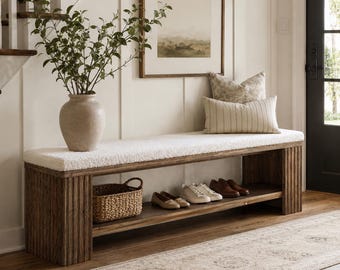 Solid Wood Entryway Bench With Cushion, Rustic Shoe Storage Shelf