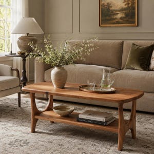 May include: A rectangular wooden coffee table with a lower shelf, featuring a light brown finish and curved leg supports. On the table sits a beige ceramic vase with green foliage, a glass pitcher, two glasses, and a small bowl on the shelf.