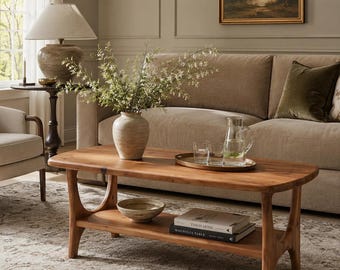 Mid Century Wood Coffee Table With Open Storage Shelf