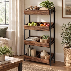 May include: A four-tier storage rack with a black metal frame and four wooden shelves featuring a dark brown wood grain finish. Each shelf is divided into sections holding various items including glass jars, fresh fruit, books, and a ceramic vase.