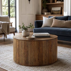 May include: A round wooden coffee table featuring a vertically fluted, ribbed exterior design. The table surface holds a small, light-colored ceramic vase containing green foliage, a small shallow bowl, and two stacked books titled The Kinfolk Home.
