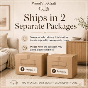 May include: Two brown cardboard shipping boxes sitting on a carpeted floor. Each box features a white label with a black circle containing the numbers 1 or 2, followed by the text Package 1 or Package 2, and a line drawing of a furniture piece.