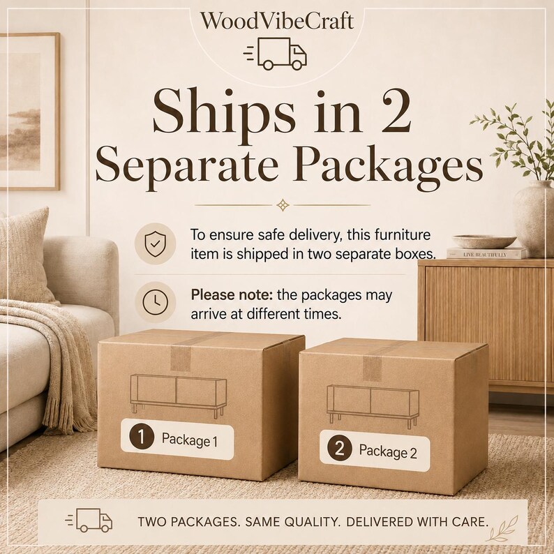 May include: Two brown cardboard shipping boxes sitting on a carpeted floor. Each box features a white label with a black circle containing the numbers 1 or 2, followed by the text Package 1 or Package 2, and a line drawing of a furniture piece.