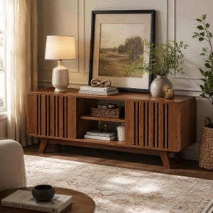 May include: A rectangular wooden media console featuring vertical slat cabinet doors on both sides and an open center shelf. The unit stands on four angled legs and has a warm brown wood grain finish, providing storage space for books and decor.