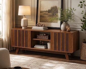 Mid Century Walnut TV Stand With Storage, Slatted Door Media Console