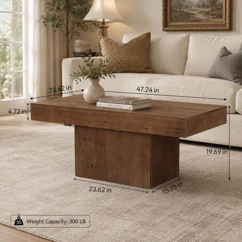 May include: A rectangular brown wooden coffee table with a solid block base. The table measures 47.24 inches in length, 23.62 inches in width, and 19.69 inches in height, with a 4.72 inch thick top and a 300 pound weight capacity.