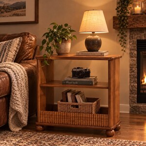 May include: A wooden side table with two shelves and bun feet. The top surface holds a lamp with a textured shade, a potted plant, and a book. The middle shelf displays a camera on top of two books. The bottom shelf contains a woven basket.