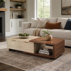 May include: A two-tone coffee table with a light wood chevron patterned drawer and a dark wood square top. The table has a lower shelf and gold-colored drawer pulls. A white bowl with green decorative balls sits on top.