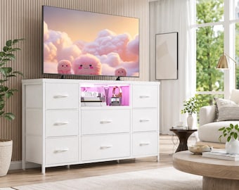 Four Color Wood Grain Dresser with LED Lights Fabric Drawers and Charging Station