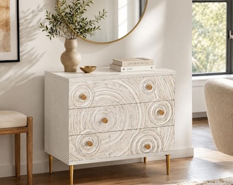 Boho 3 Drawer Dresser Chest With Carved Ring Front & Gold Legs