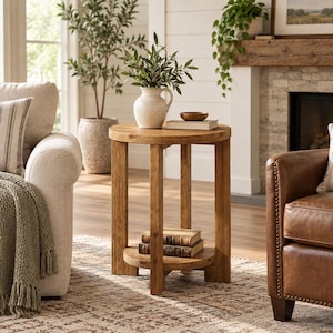 May include: A round wooden side table with four straight legs and a lower shelf. The table holds a cream-colored ceramic vase with green foliage, a small wooden bowl, and a book. Two additional books are stacked on the lower shelf of the table.