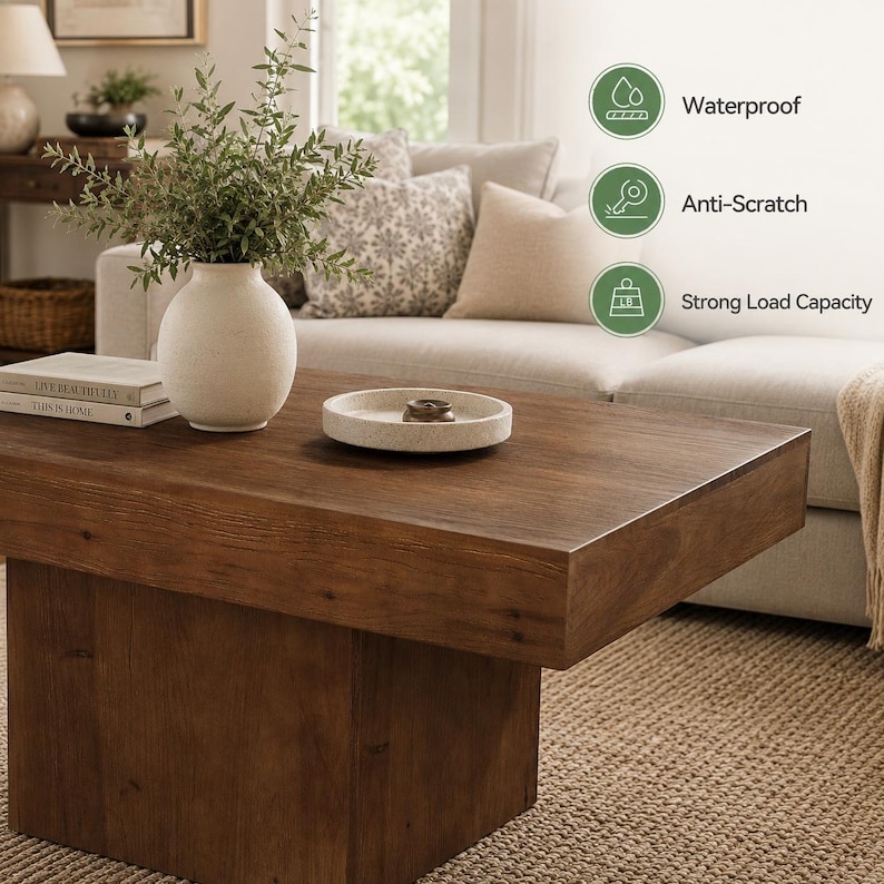 May include: A rectangular brown wooden coffee table with a thick top and a block base. On the table sits a white ceramic vase with green foliage, a stack of two books, and a small white circular tray. Text icons indicate Waterproof, Anti-Scratch, and Strong Load Capacity.