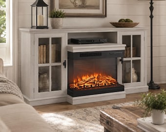 Fireplace Media Console With 3 Sided Glass & Storage Cabinets