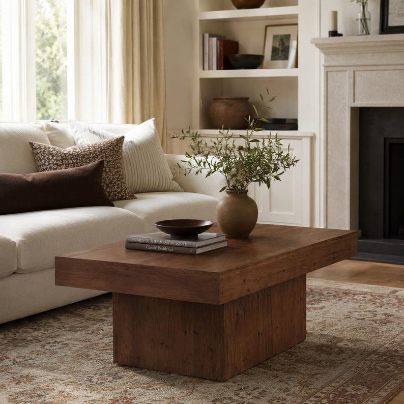 May include: A rectangular wooden coffee table with a thick top and a solid block base. The table is finished in a medium brown wood grain and holds a small dark bowl, two stacked books, and a round ceramic vase with green leafy branches.