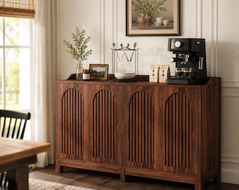 Walnut Sideboard Cabinet With Arched Slatted Doors, Buffet Credenza Storage