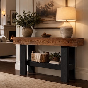 May include: A rectangular console table featuring a thick, natural wood grain top and four sturdy black legs. The table includes a lower shelf holding a woven basket with a light-colored cloth, a small potted plant, and a stack of books.